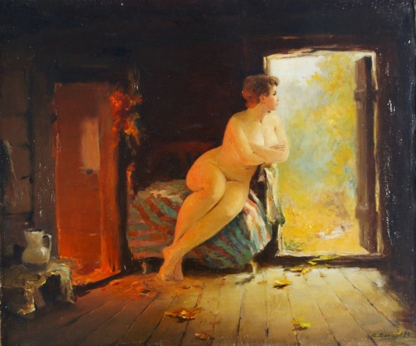Девушка у двери  46-55 см. холст масло 1990г 