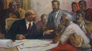 Ленин беседует с рабочими  110-200 холст, масло