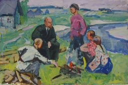  Ленин и дети на лугу  50-69 см.  картон масло 1970е 