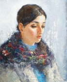  Портрет женщины на голубом фоне 25-20 см.  картон масло 1990е 