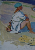 Девушка на пляже 48-34 см. картон масло 1960-е г.
