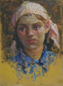  Портрет девушки в розовой косынке  35.5-26,5 см.  картон масло 1970е