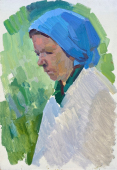  Портрет женщины в голубой косынке  50-34,5 см.  картон масло 1975г