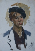 Женщина в шляпе 50-35 см.  картон масло 1970е 