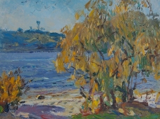 Осенний пейзаж на берегу реки 30-40 см. картон масло 1970е 