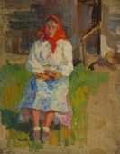 Портрет женщины в красном платке  33-25,5 см.  картон масло 1960е 