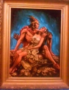 Влюбленная пара американский индеец с девушкой на руках 70-85 см., бархат черный, масло 1950е  - 2