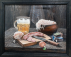 Натюрморт с пивом, колбасой, квашеной капустой и сигаретами 44-57 см., холст, масло 1960-е  - 1