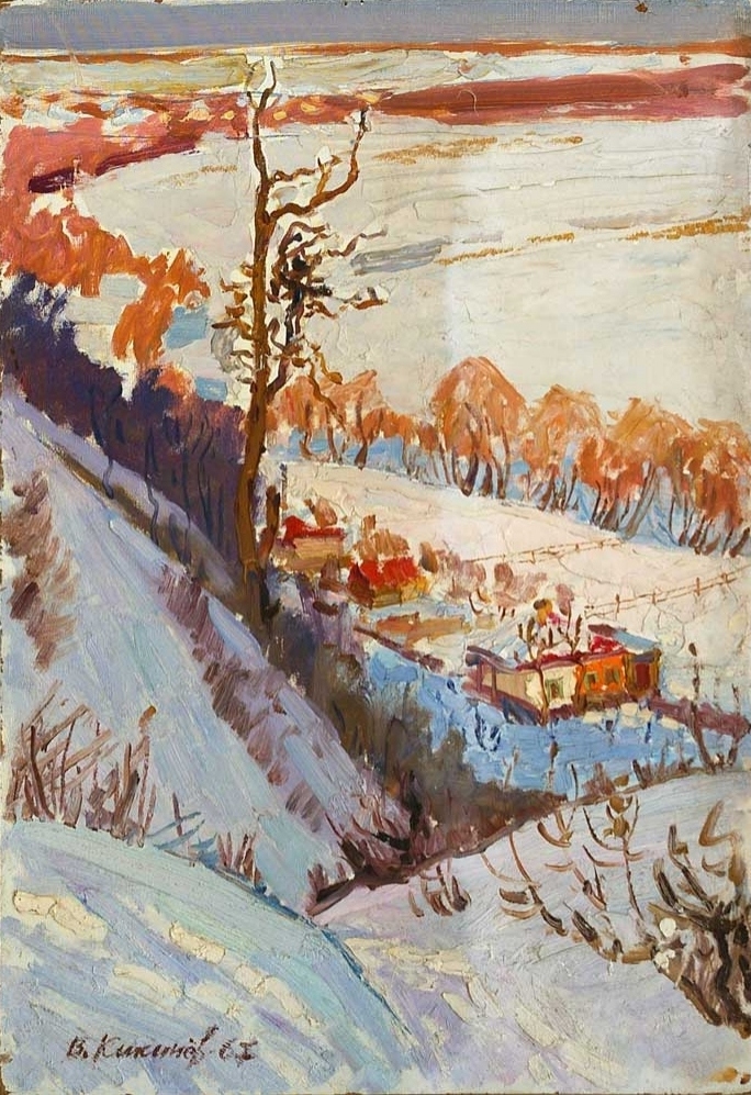 Село под снегом 35-50 картон, масло 1967г.