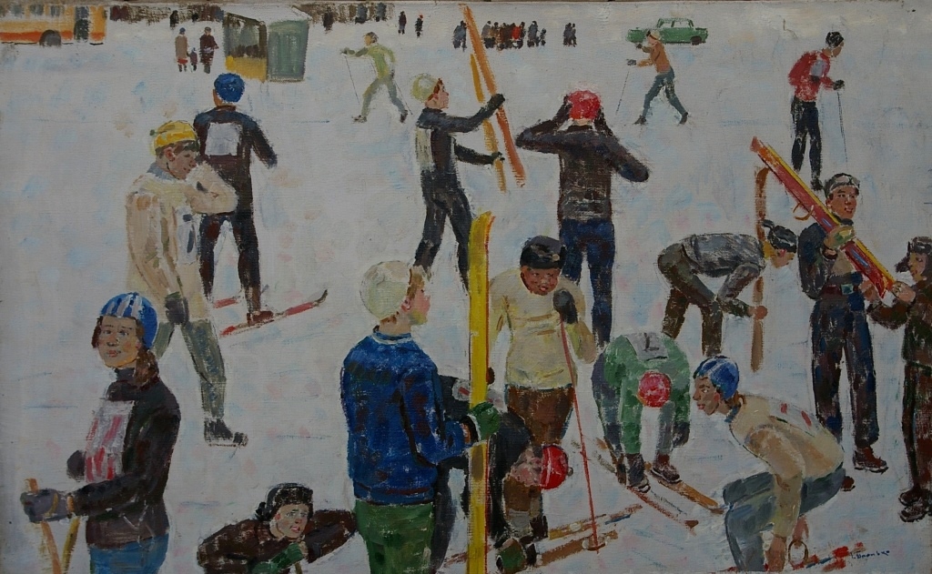 Лыжники перед стартом  59-94 см. холст масло 1970г.