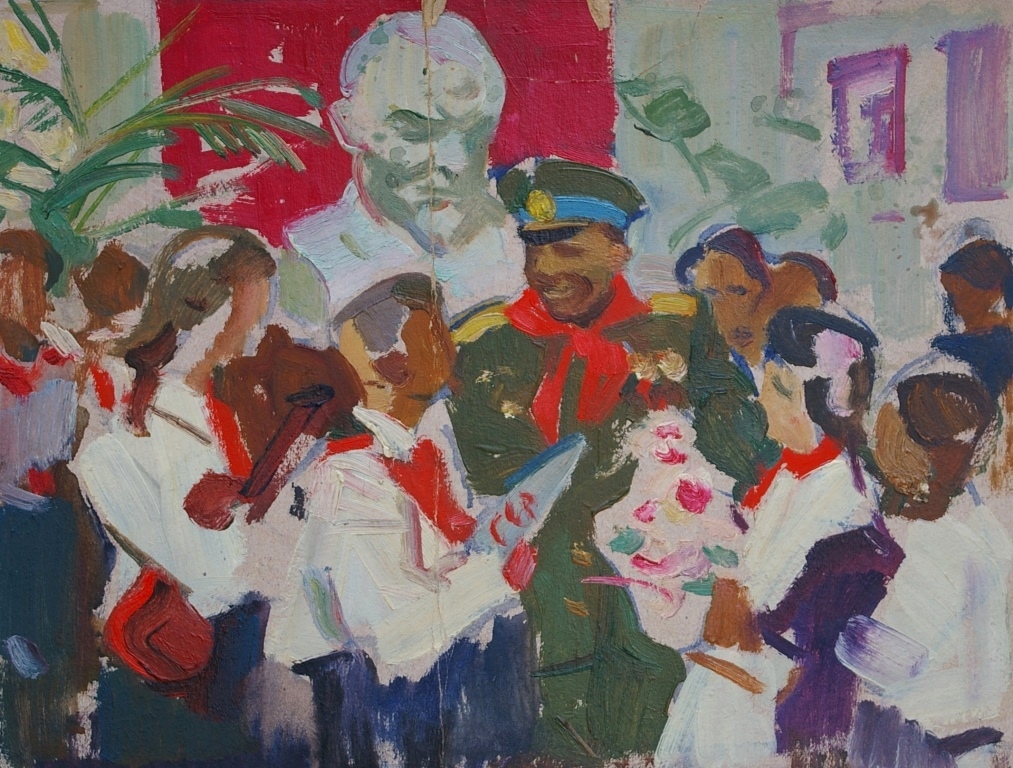 Гагарин с пионерами  32-43 см. картон масло 1970е 