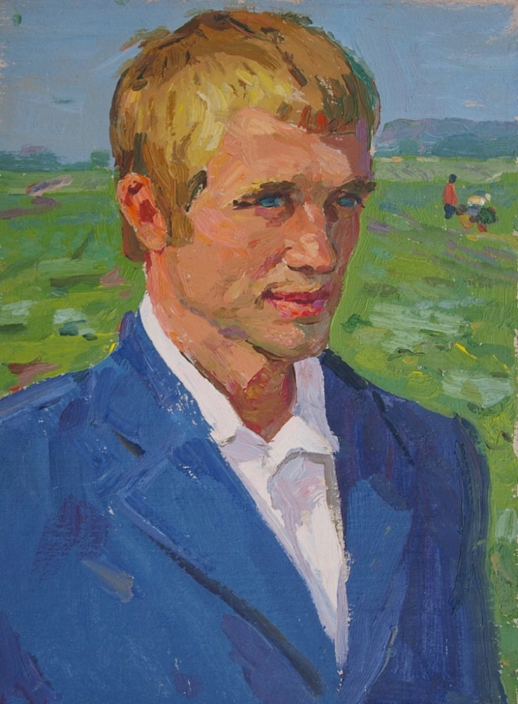 Портрет юноши в синем 27-19 см.  картон масло 1960е  