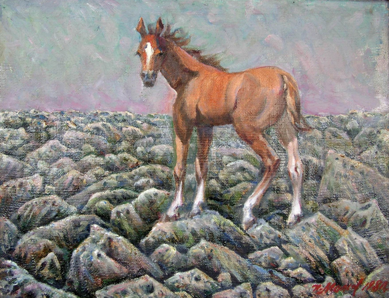 Лошадка на пустынном поле-просторе. 31-40 см., холст, масло 1991  