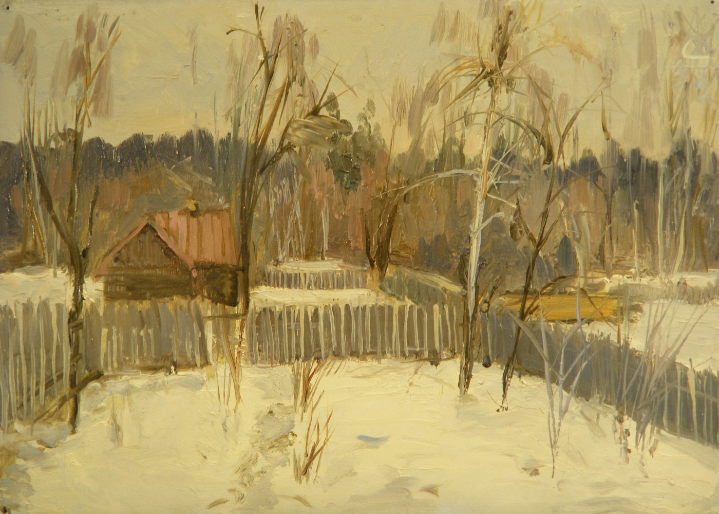 Зимний пейзаж 25-35 см., картон, масло 1970 г.
