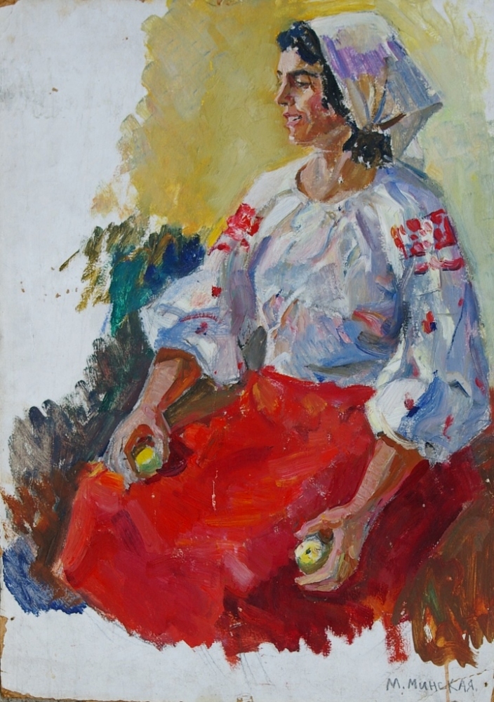 Портрет девушки с яблоками 70-50 см. картон, масло 1965г 