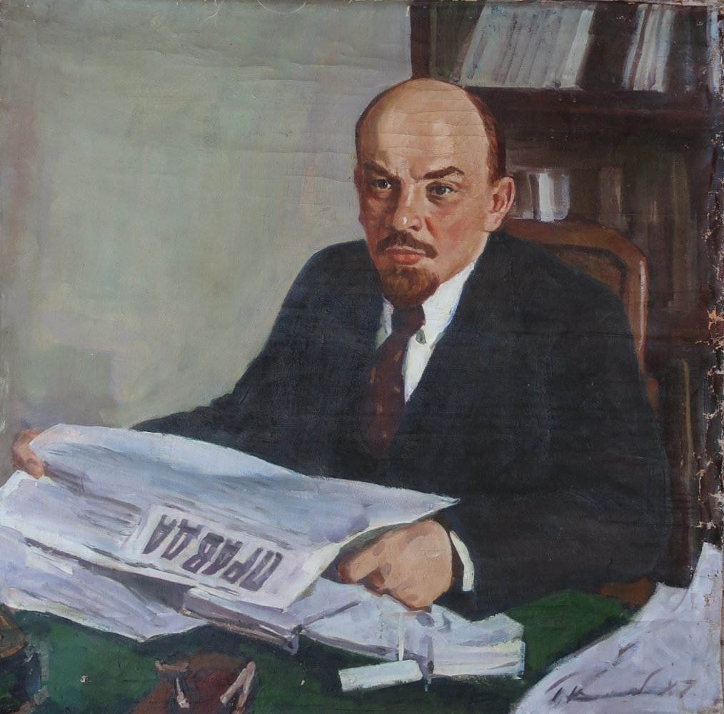 Ленин с газетой " Правдой"  90-90 см. холст масло 1970 е 