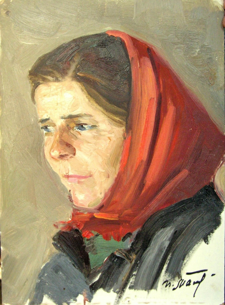 Женщина в красном платке 25-35 см. картон масло  1986 