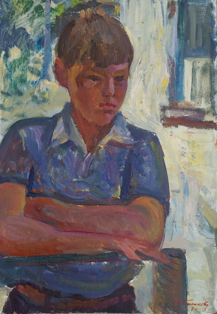 Портрет мальчика в синей рубашке  49-35 см.  картон масло 1970г 