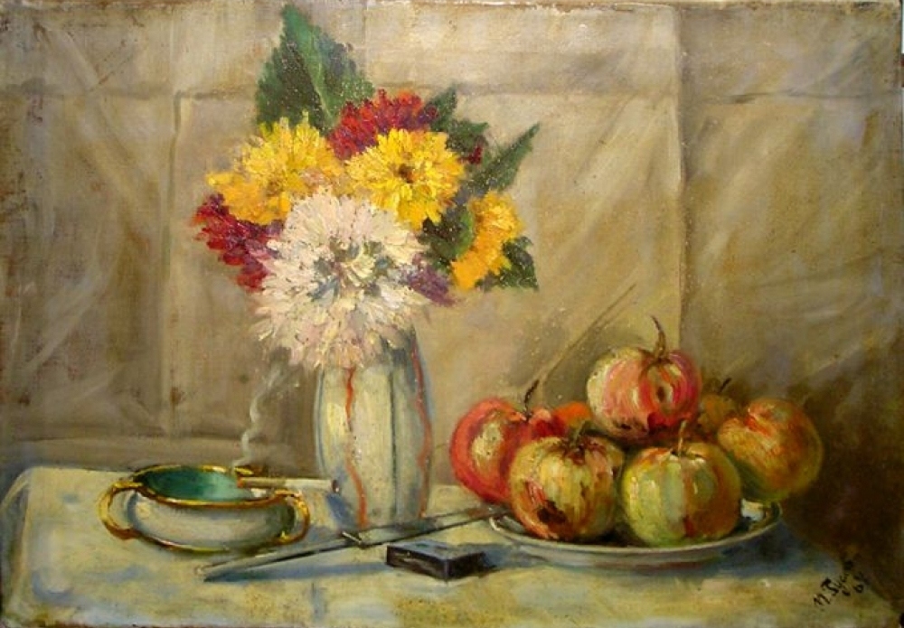 Натюрморт с цветами и яблоками 36-51,5 холст, масло 1964г.