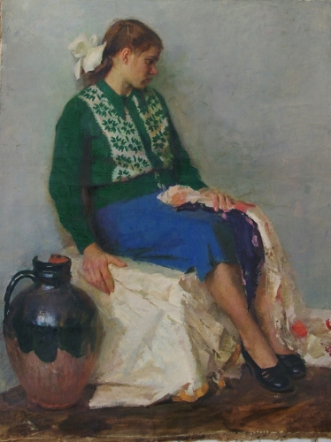 Портрет девушки возле лампы  126-98 см. холст масло 1956 г 