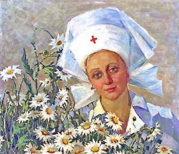Медсестра с ромашками 85 см - 100 см. холст, масло, 1964г.