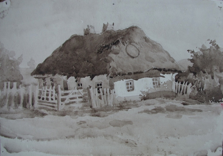 Старый дом под соломой 19-27 см. бумага акварель 1960е 