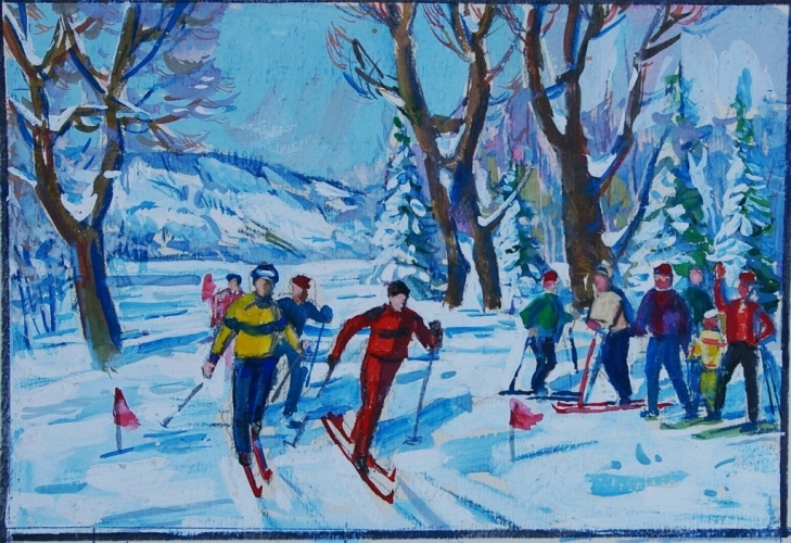 Лыжный забег  16-24 см. картон, смешаная техника 1986г