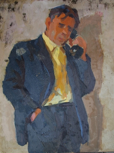 Портрет Разговор по телефону 49,5-39 см.  картон масло 1970е 
