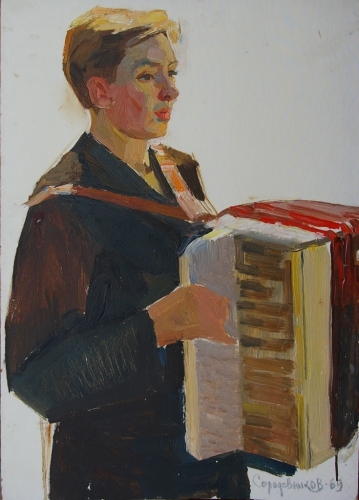 Портрет мальчика с аккордионом 50-35 см. картон масло 1969г 