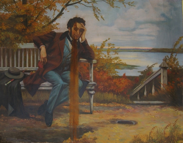  Пушкин в парке на лавочке  138-178 см. холст масло 