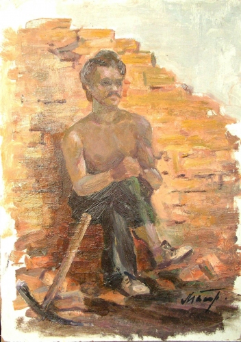 Человек с кайлом. 26-35 см. картон масло  1988  