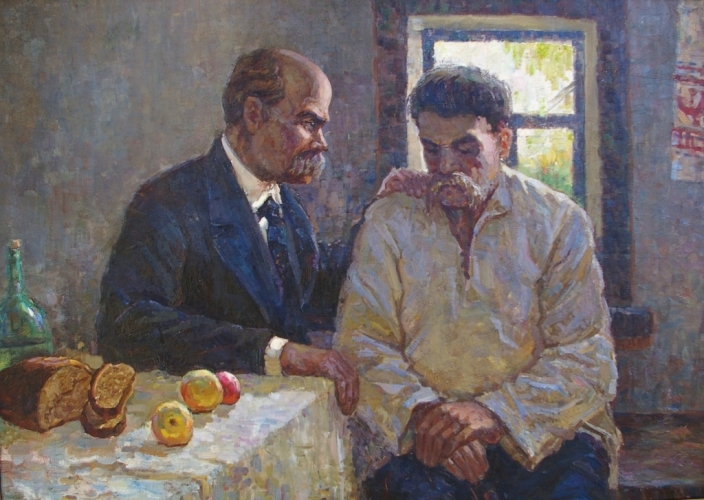  Шевченко беседует с мужчиной  99-138 см. холст масло 1960е  