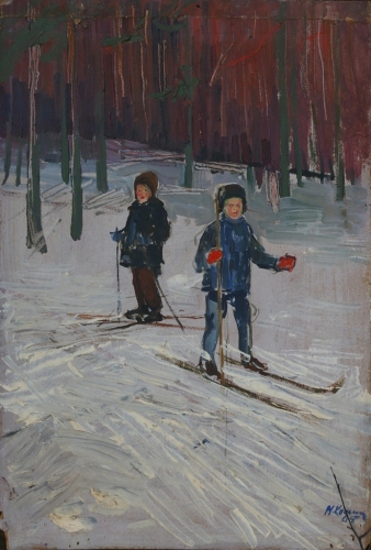 Лыжная прогулка 74-50 картон, масло 1965г.