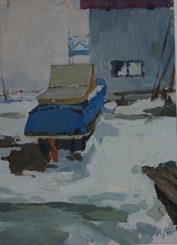 Лодка в снегу  33-24 см. картон масло 1961г  