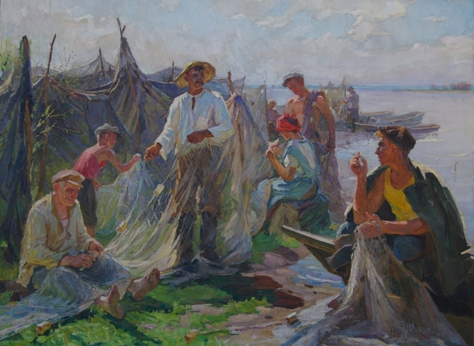 Колхозные рыбалки 140-190 холст, масло 1960г.