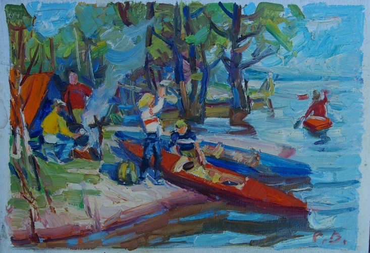 На байдарках 22-34 см. картон, масло 1970е