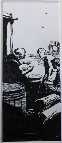 Рисунок к расказу Ляшенко СЕКРЕТ 8-18 см., бумага, тушь 1957-1961 года