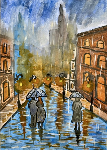 Прогулка под дождем 30-40 см., бумага, акварель 2025 год 
