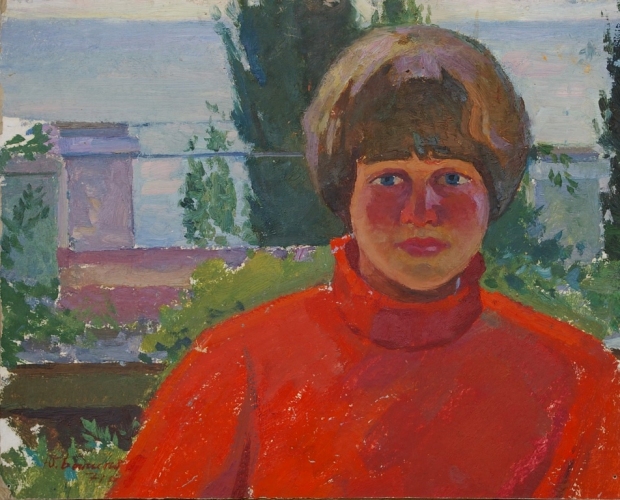 Портрет девушки в красном свитере 40-50 см.  картон масло 1971г 
