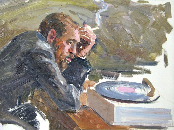 Человек, слушающий музыку. 25-35 см., картон, масло 1982 