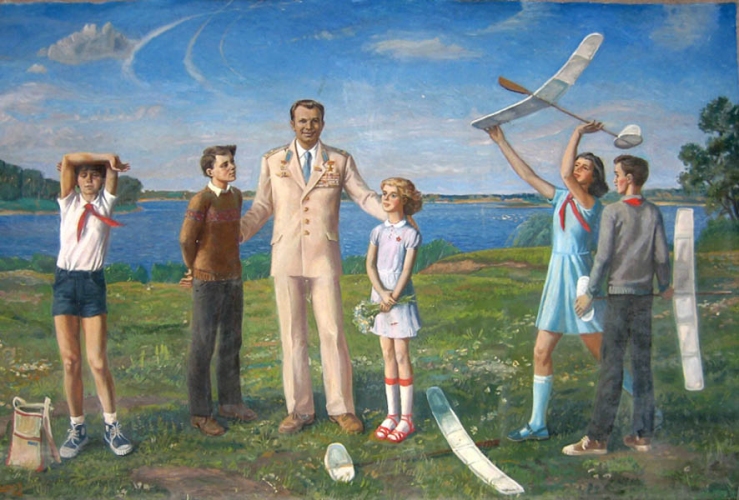Гагарин с пионерами 160-230 см. холст масло 1982 г.