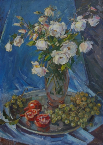 Белые розы с гранатами 70-60 холст, масло 1988г.
