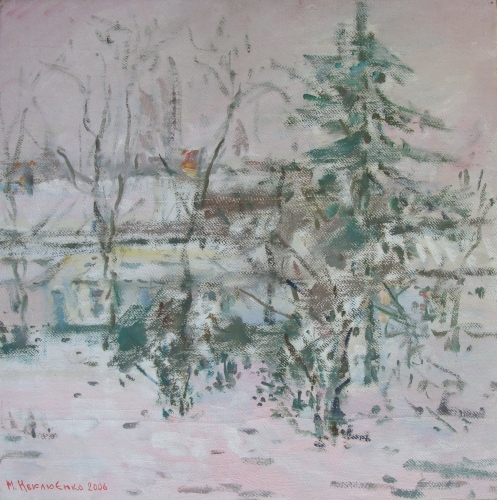 Выпал снег 50-50 см.  оргалит масло 2006 