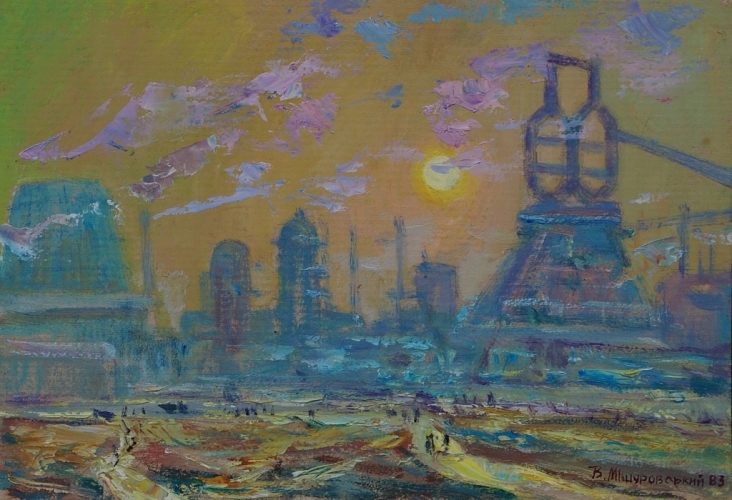 Утро на заводе 34-51 см. картон масло 1983г 