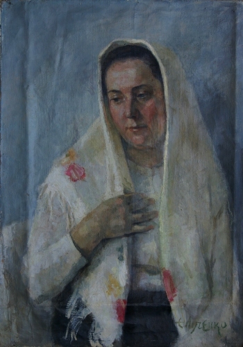  Портрет женщины в белом платке  70-50 см. холст масло 1970е