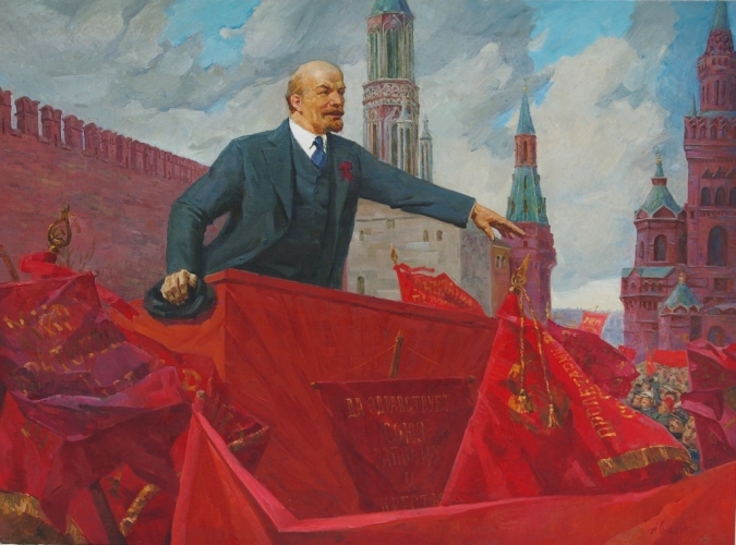 Ленин на фоне алых знамен  118-159 см. холст масло 1976г 