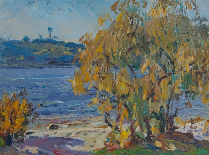 Осенний пейзаж на берегу реки 30-40 см. картон масло 1970е 