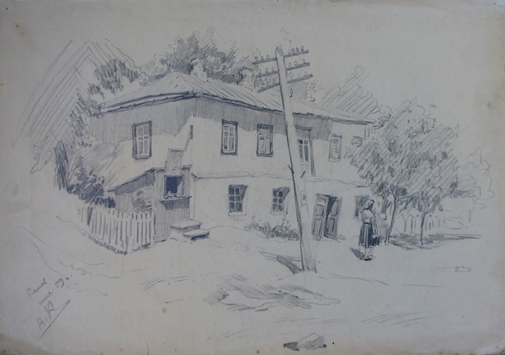 Старый дом 30-42 см. бумага графит 1959г 