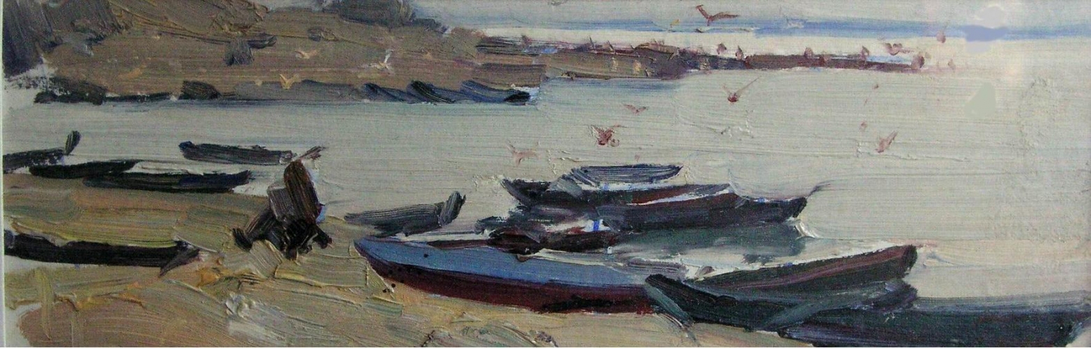 Залив Днепра. Лодки 12-33 см., картон, масло 1998  