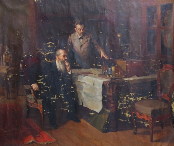 Попов демонстрирует адмиралу... радиоустановку  124-149 см. холст масло 1954г 